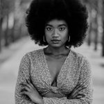 Black and white portrait of a confident woman with an Afro hairstyle standing outdoors.